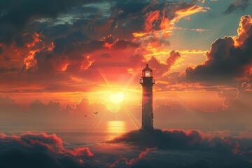 Wall Mural - atmospheric lighthouse standing tall against a breathtaking sunset sky digital illustration