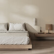 © Oleksandr Shcherban/Stocksy - Bedroom interior with bed and wooden furniture, 3d render