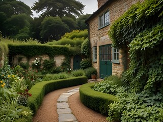 Wall Mural - Traditional English cottage with ivy-covered walls and a stone path, generative AI