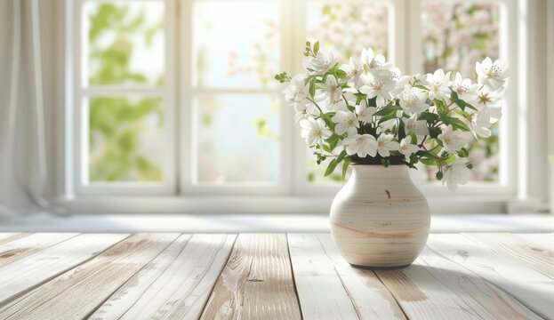 White wooden table with vase of white flowers and blurred window on spring background Generative AI