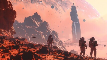 Three astronauts walk through a rocky, red-hued alien landscape with a tall, futuristic building in the distance.