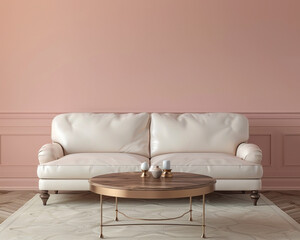 Dual frame setup, dusty pink wall, ivory leather sofa, elegant walnut table; high-definition 3D rendering.