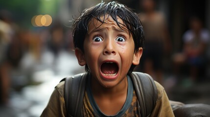 A young boy displays a shockingly vivid expression of fear and panic in a rain-soaked setting