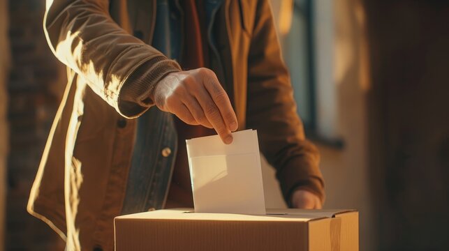 Close-up of hand putting ballot into the ballot box, Man casting his vote at the election or polling