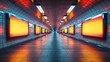 © familymedia - A contemporary subway passageway lit by bright orange advertising panels and linear lights