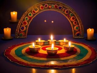 Wall Mural - Festival brilliance! Diwali celebration with diya oil lamps illuminated on a colorful rangoli design.