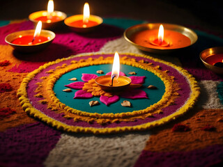 Wall Mural - Festival brilliance! Diwali celebration with diya oil lamps illuminated on a colorful rangoli design.