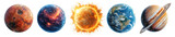 Solar system planet set. Earth, Saturn, Sun, Mars, Neptune. Isolated collection on white transparent background
