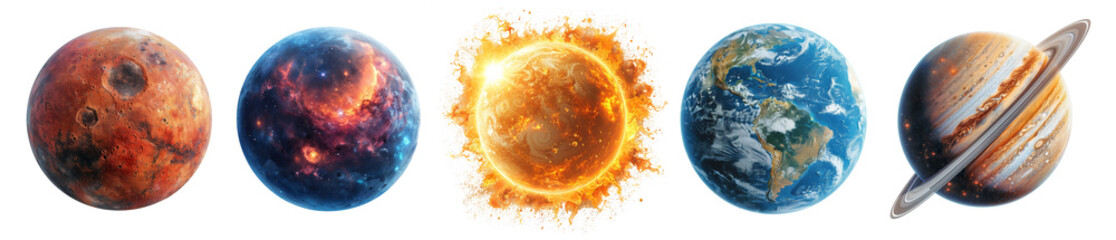 solar system planet set. earth, saturn, sun, mars, neptune. isolated collection on white transparent