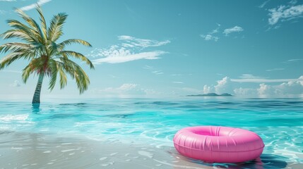 Wall Mural - Pink inflatable ring on the blue sea water with palm tree and sky with space for copy