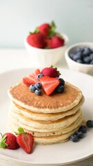 Canvas Print - pouring syrup on piled pancake with strawberries and bluberries