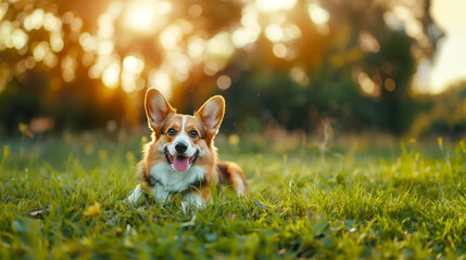 Wall Mural - Dog (Pembroke Welsh Corgi). Isolated on green grass in park
