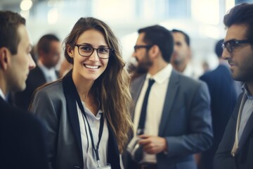 A businesswoman in professional suit outfits with glasses is smiling while greeting others in a business meeting conference. Generative AI.