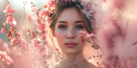 Wall Mural - Woman surrounded by flowers in pink spring smoke with centered copy space and selective focus. Concept Spring Photoshoot, Pink Smoke, Floral Fantasy, Copy Space, Selective Focus