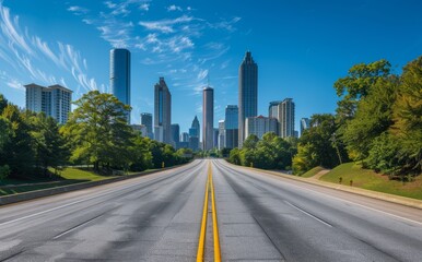 Wall Mural - A wide highway leading to the city skyline, with tall buildings and modern architecture in background