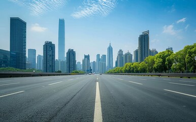 Wall Mural - A wide highway leading to the city skyline, with tall buildings and modern architecture in background