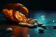 © milosducati - Artistic close-up of various pills spilling from a bottle on a dark, moody background.