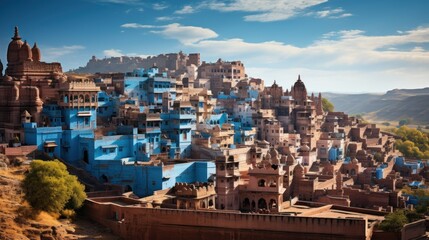 the breathtaking blue houses of jodhpur, india, nestled in a hilly landscape, showcasing traditional