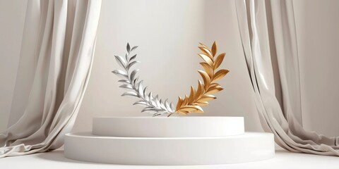 gold and silver laurel wreath award on a white circle podium with white background