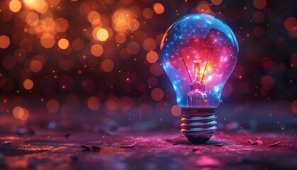 A glowing light bulb with a purple and blue hue against a bokeh background.