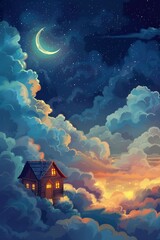 Wall Mural - A cute house in the clouds, night sky with crescent moon