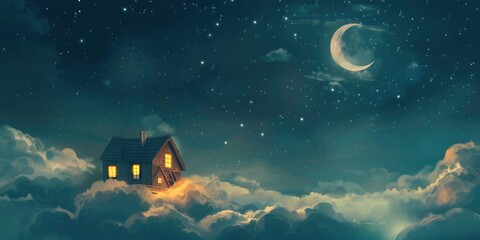 Wall Mural - A cute house in the clouds, night sky with crescent moon