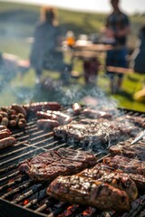 Wall Mural - A large grill with steaks and sausages and smoke on background of a family sitting behind on table in grass field, sunny day