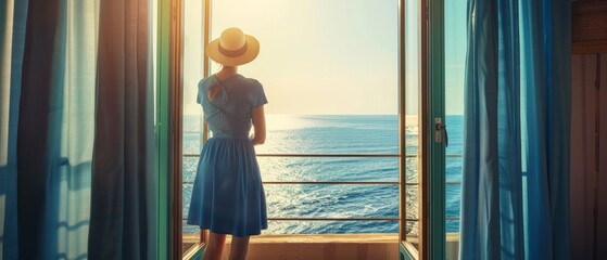 Wall Mural - A woman in a blue dress and hat standing at the balcony door, looking out to the sea view from inside a hotel room