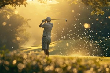 Wall Mural - Professional golfer in mid-swing action shot