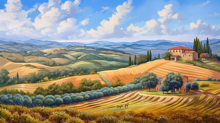  tuscan cypresses, picturesque hills, meandering pathway, and a charming villa illuminated by the typical sunlight in Tuscany, Italy