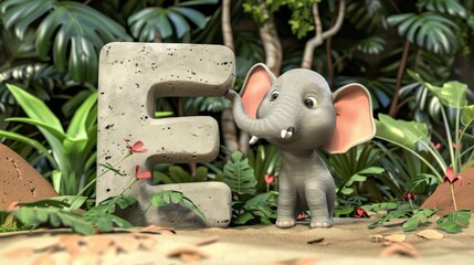 A pink elephant is standing in front of the letter E