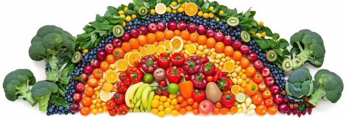 Wall Mural - Fruits and veggies on a table with a rainbow in the middle