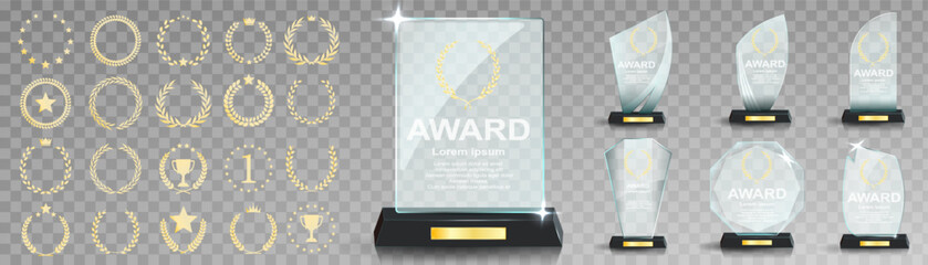 glass award trophy set. transparent prize template. winner first place concept. vector illustration.