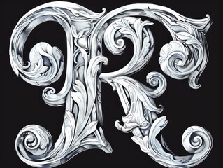 Wall Mural - R letter, in baroque realism graceful sculptures scroll, black background