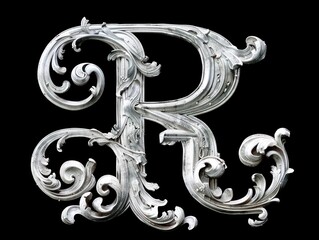 Sticker - R letter, in baroque realism graceful sculptures scroll, black background