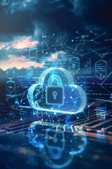 Wall Mural - A padlock icon hovering in the center with a cloud shape in the background, surrounded by digital shields and encrypted codes, signifying robust cloud security and data protection.