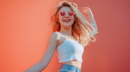 Wall Mural - A Joyful Woman in Heart Sunglasses