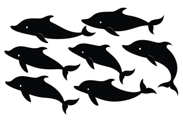 set of Baleen whale black silhouette vector on white background