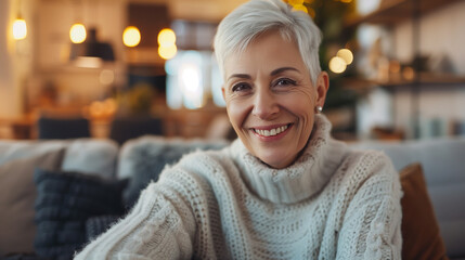 Wall Mural - Smiling Woman Sitting on a Couch in a Living Room