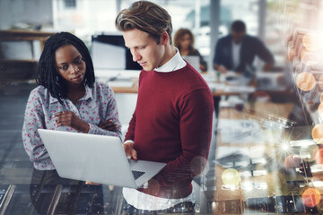 Aufkleber - Business people, laptop and research with overlay at office for corporate infrastructure, design or development. Interracial businessman and woman working together on computer in double exposure