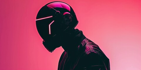 Wall Mural - A man in a black jacket and futuristic helmet with neon lights on a pink background