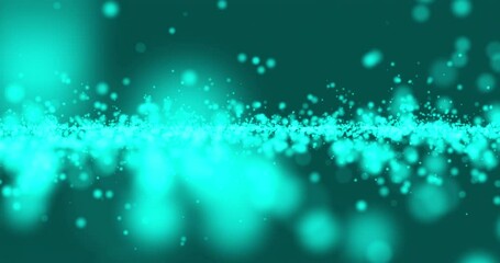 Field of turquoise glowing particles flying and rising above the surface. Foggy backdrop background for text.