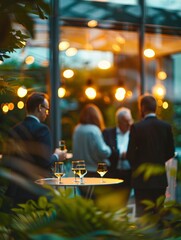 Business people at an event in the evening, blurred background