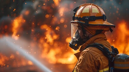 Wall Mural - A firefighter, in full gear, directs a stream of water towards a fierce fire amidst flying sparks and smoke