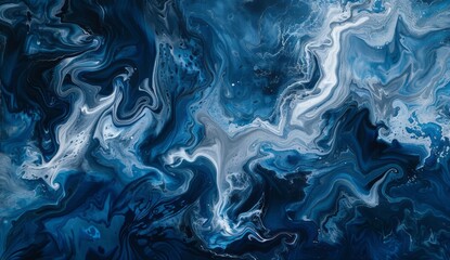 Wall Mural - Abstract Blue and White Painting, Acrylic Paint on Canvas with fluid shapes and swirling patterns, creating an artistic representation of the ocean's depth and movement