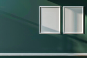 a mock-up of two empty posters in white frames on a dark green wall.