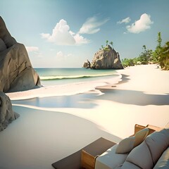 Canvas Print - Luxury Hotel Beach on Picturesque Tropical Coast with White Sand, Beautiful Wild Beach Resort, Palm Trees, Sun, Sea, Generative AI Illustration