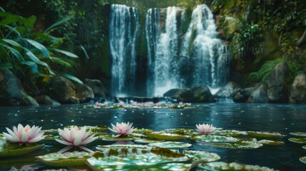 Wall Mural - A beautiful waterfall in the background with water lilies in the foreground. Perfect for nature and relaxation concepts