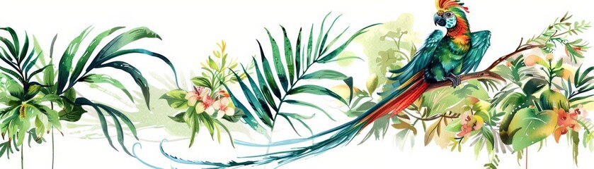 Naklejka na meble A kawaii water color of a quetzal, flying gracefully, with its long tail feathers trailing in a lush, tropical forest, Clipart isolated on white