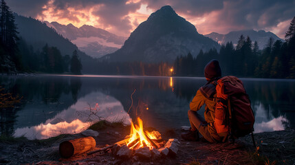 One man camper sit in front of fire in nature camping at the lake